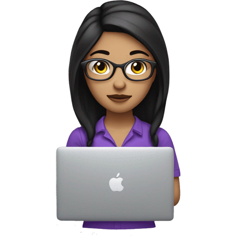 programmer girl with macbook. mendium length Black hair, black eyes, no glasses, purple shirt emoji