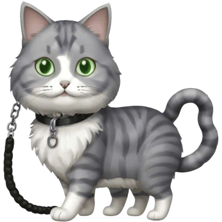 gray and white cat being walked on a leash emoji