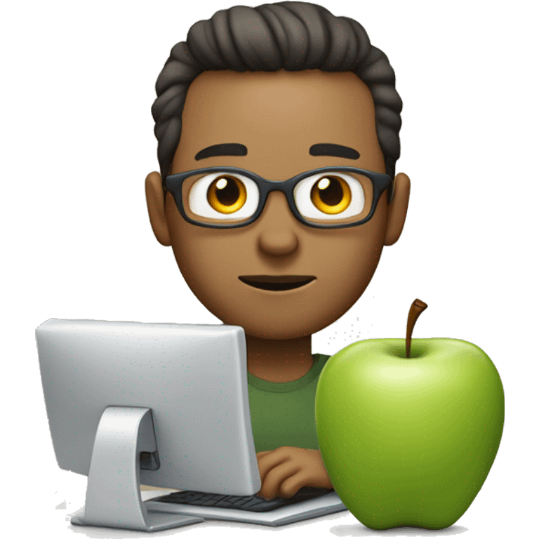 Graphic designer about 40 years old, man, with white skin bordering on tan, without glasses and dark brown hair, using an apple computer while he creating branding  emoji