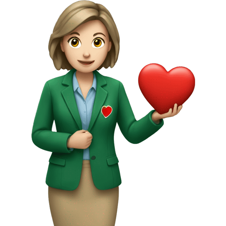 A European female teacher in a green jacket holds a heart in her hands emoji