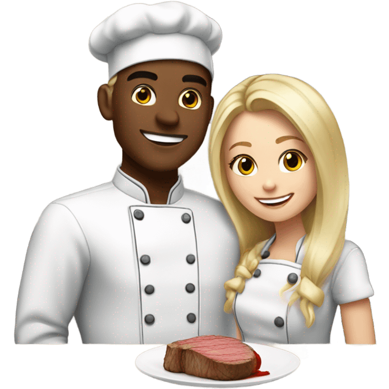 20 year old white Blonde couple eating steak girl with long hair in chef outfit  emoji