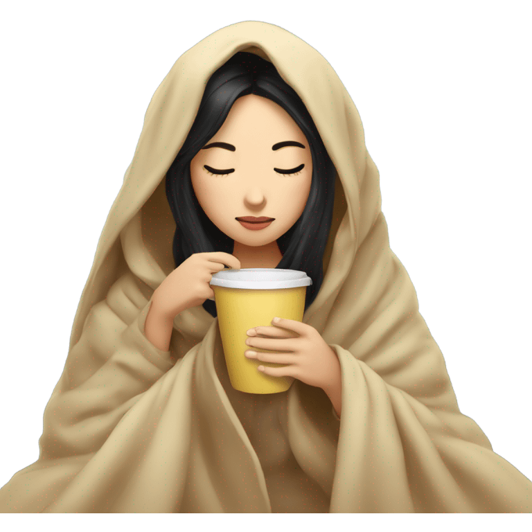 Asian girl inside a blanket sipping coffee eyes closed black hair emoji