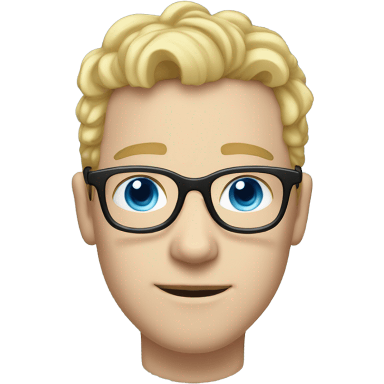 Man with short curly blonde hair and light blue eyes and pale skin and thick black glasses emoji