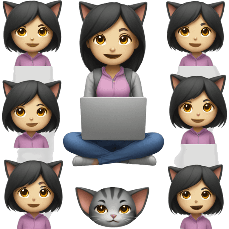 cat girl , with laptop , asian, happy emoji