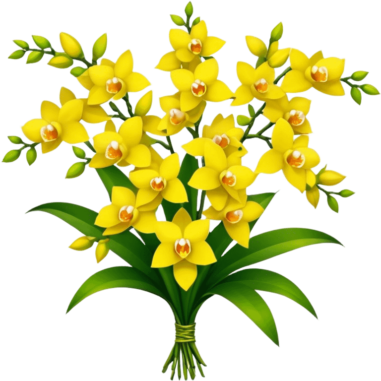 big bouquet yellow Dendrobium Orchid, stem, leaf, flower emoji