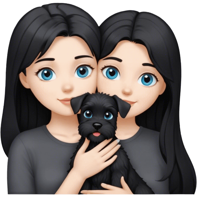 pale girl with light blue eyes and long black hair wearing black shirt kissing schnauzer holding smiling black schnauzer  emoji