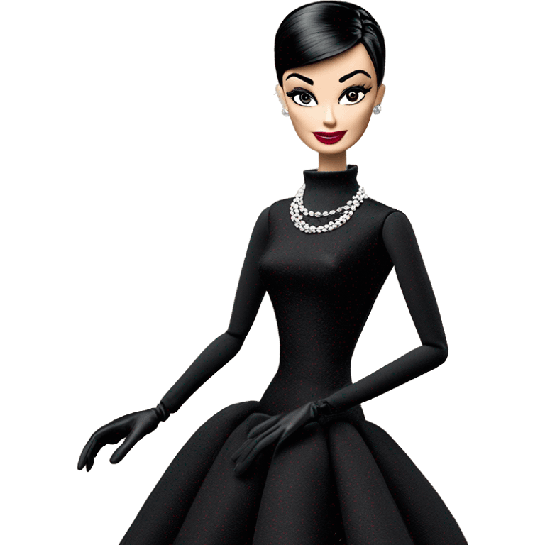 Audrey Hepburn as Sabrina Barbie.Morticia Addams. Show full body. Embroidered long black gown with accessories and gloves  emoji