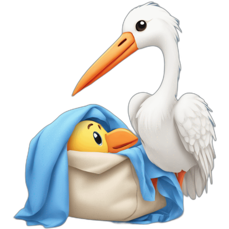 White stork carrying a blue bundle of cloth in its big beak that has a human person cute baby human inside and the human baby head is peeking from the fabric the strok is carrying in its beak emoji