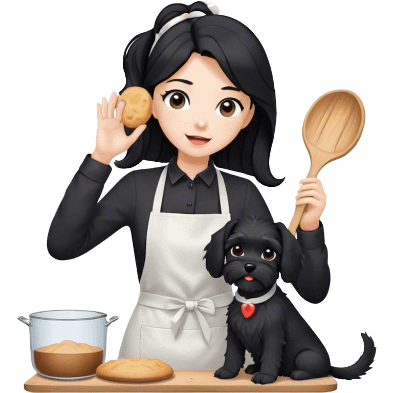 pale girl with long black hair wearing black long sleeve shirt wearing apron and baking holding black floppy ear schnauzer emoji