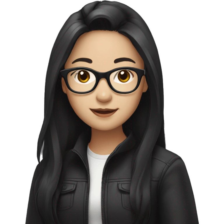 Asian girl with long black hair and clear glasses wearing black jacket emoji