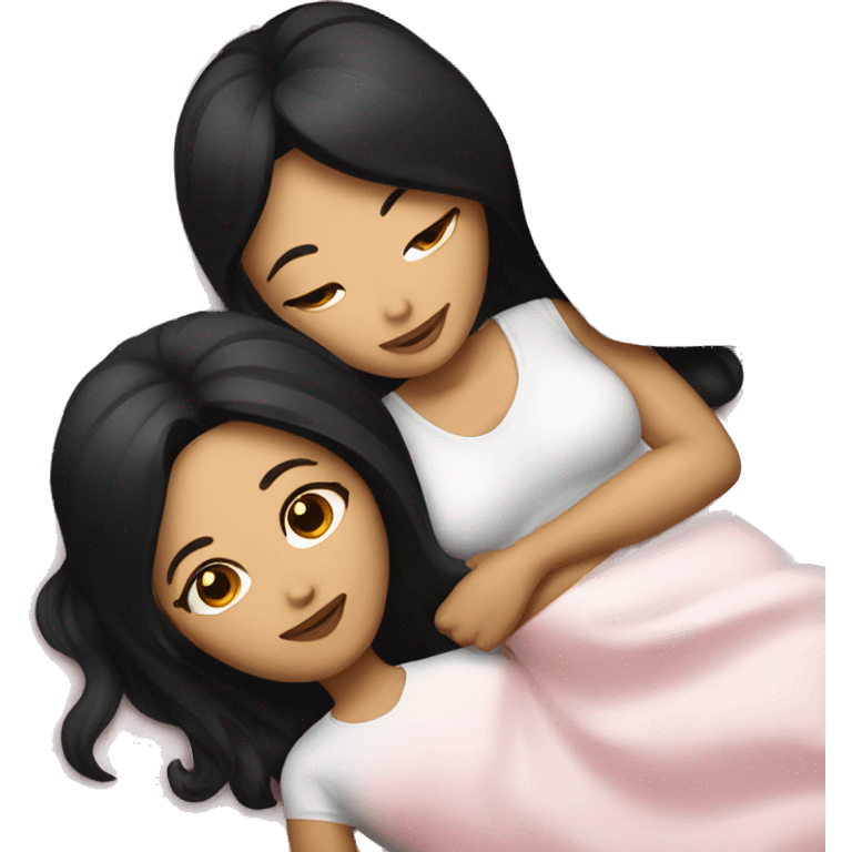 Lesbians with long black hair and white skin laying in bed together emoji