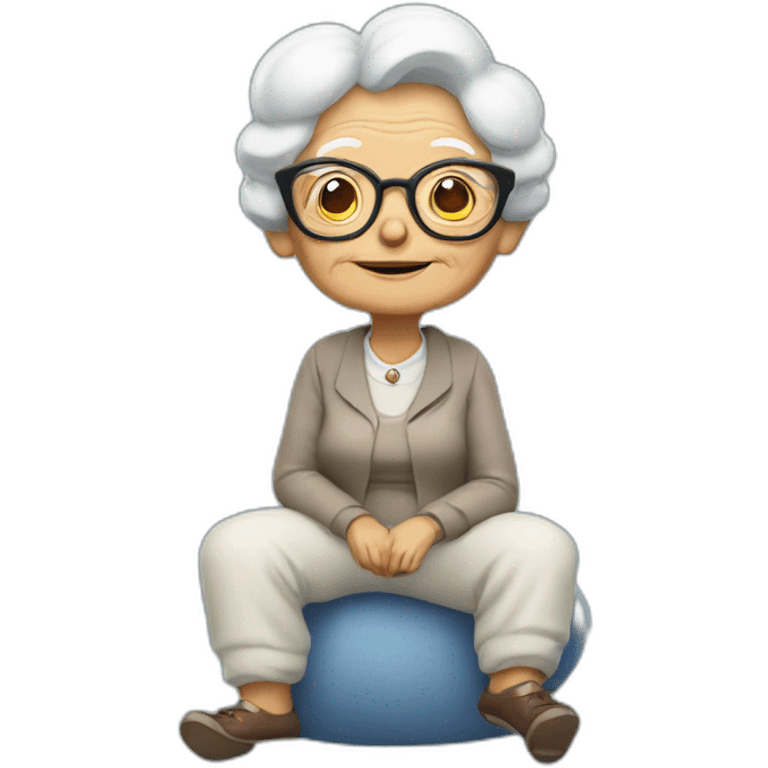 An old lady with glasses sitting on top of the cloud emoji