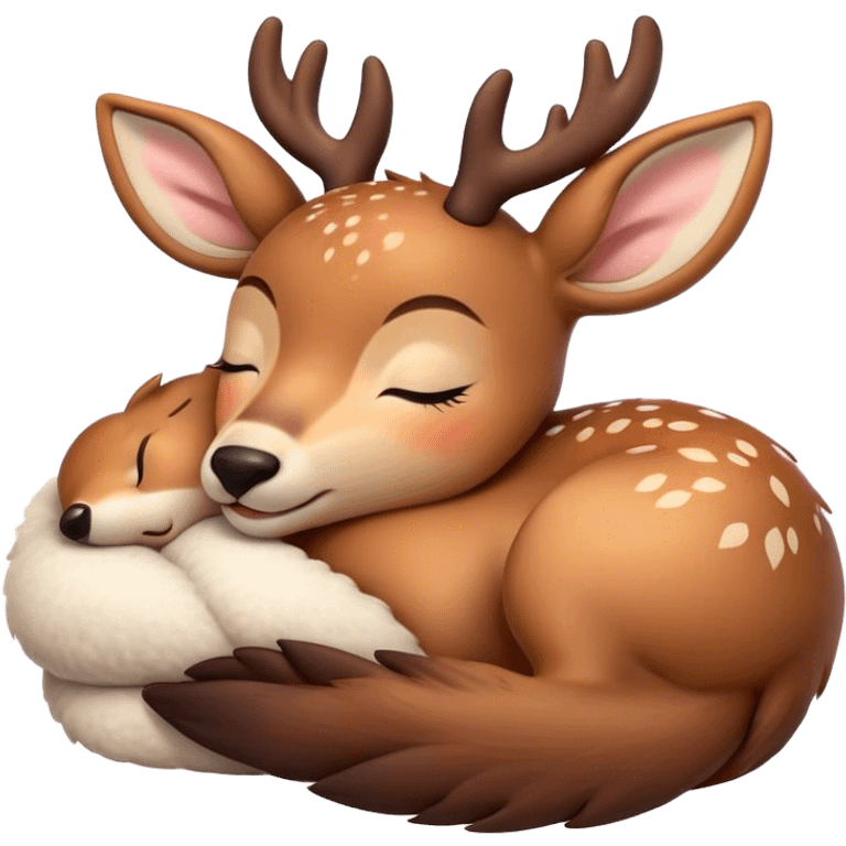 Meme-Worthy Cute Sleeping Deer Portrait Emoji, Head resting peacefully with a contented smile, showcasing a delicate, slender build and a luxuriously soft Fur, eyes shut in a serene, restful nap, Simplified yet hilariously adorable features, highly detailed, glowing with a soft, drowsy light, high shine, relaxed and utterly lovable, stylized with an air of playful laziness, bright and heartwarming, soft glowing outline, capturing the essence of a comically sleepy deer, so meme-worthy it feels like it could instantly become the next viral sensation of adorable woodland slumber! emoji