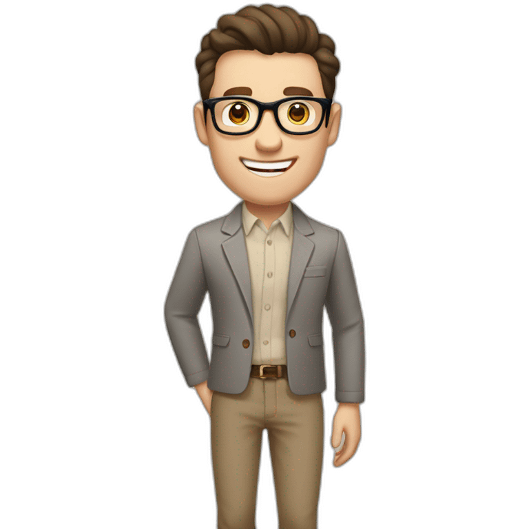 Joyful Pale skinned Fit Man With dark brown hair in gray jacket, beige office shirt, Brown pants and vintage glasses. His thrumbs up emoji