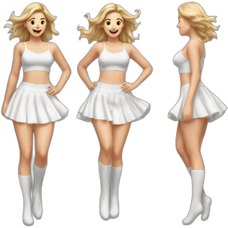 Hyperrealistic Full body Caucasian curvy beauty jumping short white skirt back and front views strong wind knickers long white socks emoji