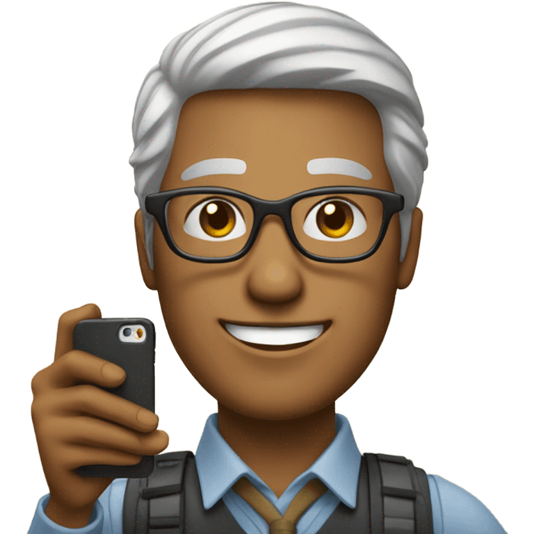 a man with square glasses holding a phone taking selfie and smile emoji