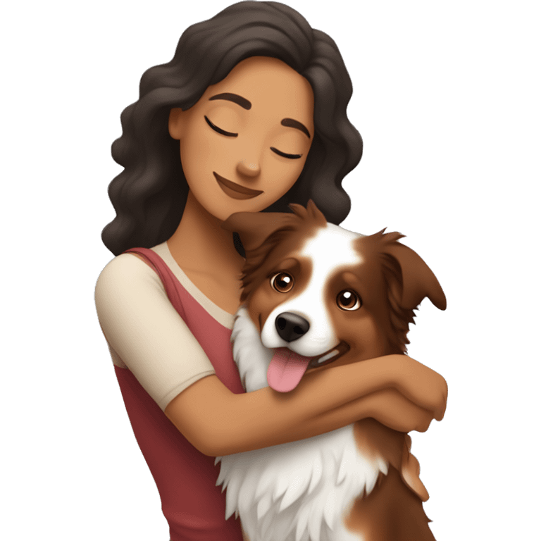 Hispanic woman hugging a red Merle Australian shepherd  emoji