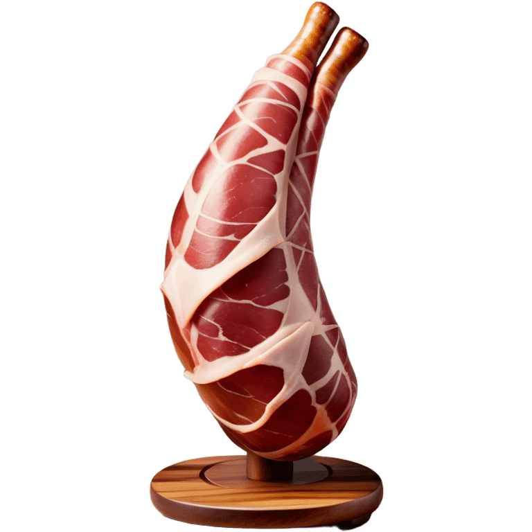 ​Cinematic Realistic Spanish Jamón Leg, depicted as a massive, cured leg of Jamón serrano (ham) with a deep reddish-brown hue, intricately marbled and slightly glossy with age, elegantly displayed on a rustic wooden stand and bathed in warm, soft lighting that accentuates its artisanal heritage, emoji