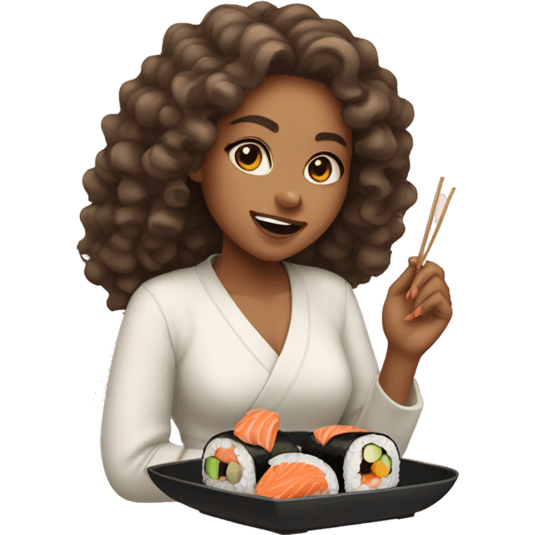 Lightskinned Girl with long curly hair eating sushi  emoji