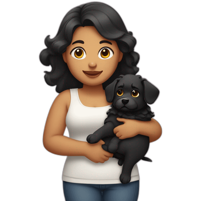 chubby fair girl with  wavy black hairs holding dog in her arms emoji