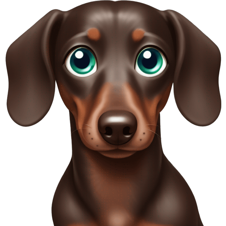 Chocolate dapple Dachshund with one blue eye and one green eye emoji