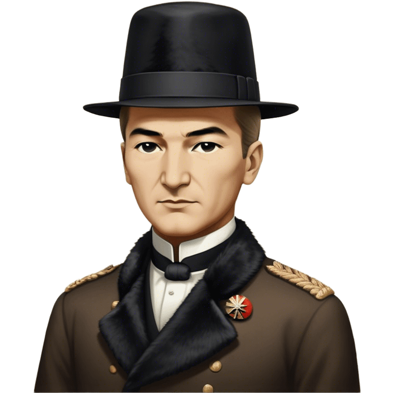 ​Cinematic Realistic Portrait of a Young Mustafa Kemal Atatürk, depicted wearing an iconic tall black fur hat along with traditional attire, his confident, visionary expression illuminated by warm, inspiring lighting, rendered with rich historical textures that capture his youthful dynamism and transformative leadership, emoji