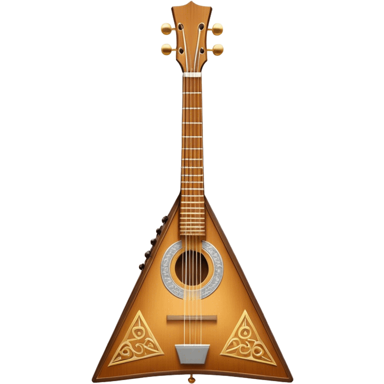 Create a refined and detailed emoji representing the 3-stringed Doff BCM balalaika. The design should feature the classic triangular shape of the balalaika, highlighting its smooth wooden body and high-quality finish. The three strings should be clearly visible, and the tuning pegs should reflect the craftsmanship of the instrument. Add subtle musical notes around the instrument to emphasize its melodic sound. Use rich wood tones, gold accents, and silver details to reflect the professional quality and elegance of the Doff BCM balalaika. The background should be transparent. emoji