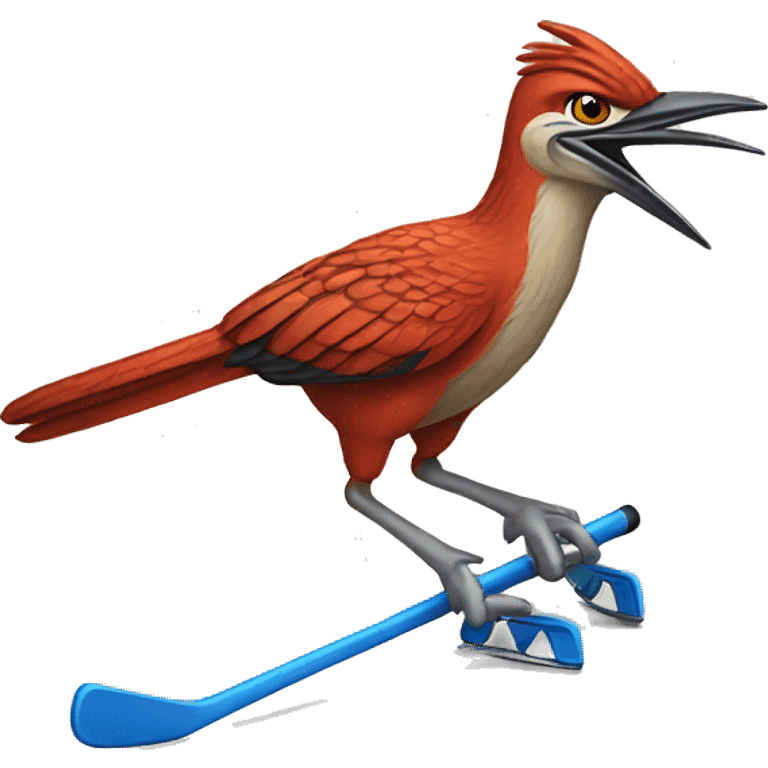 A red roadrunner playing hockey emoji