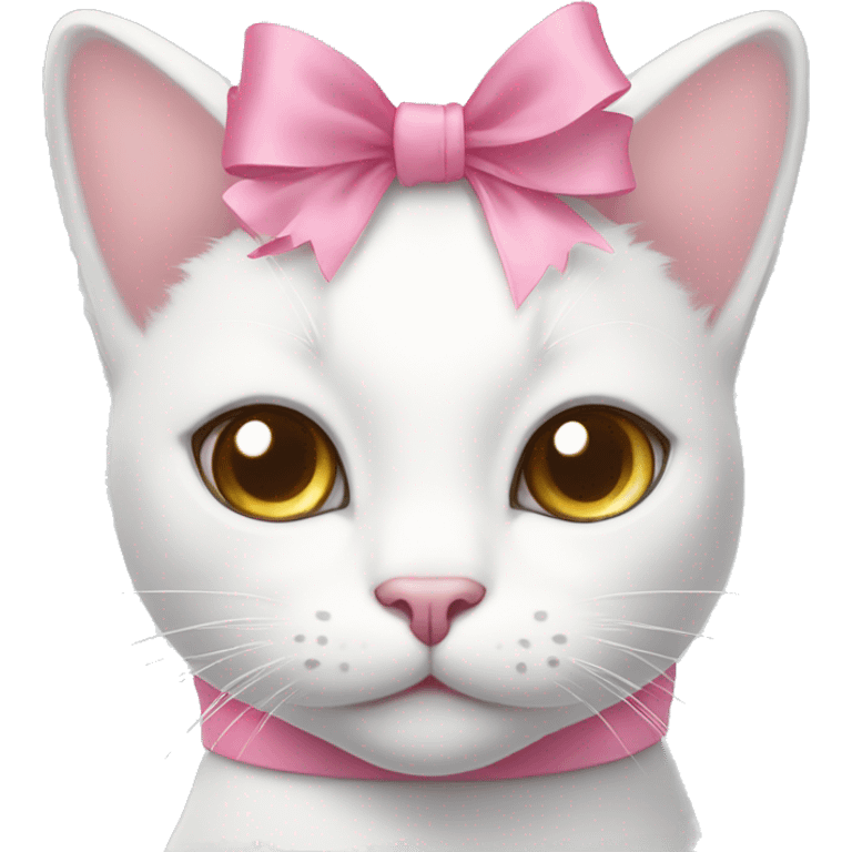 white cat with light grey spot on top of head smiling with a pink bow  emoji