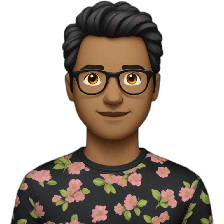 striking up dark hair guy wearing glasses and dark t-shirt with flowers print emoji