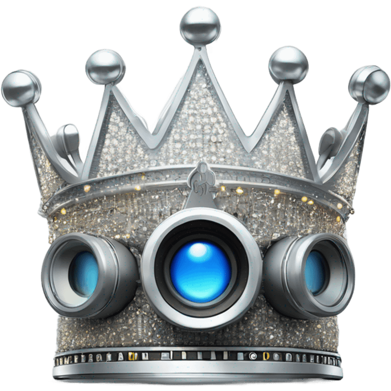 A regal crown made of microphones, cameras, and headline elements, glowing in platinum with dynamic accents, symbolizing five years of unparalleled loyalty emoji