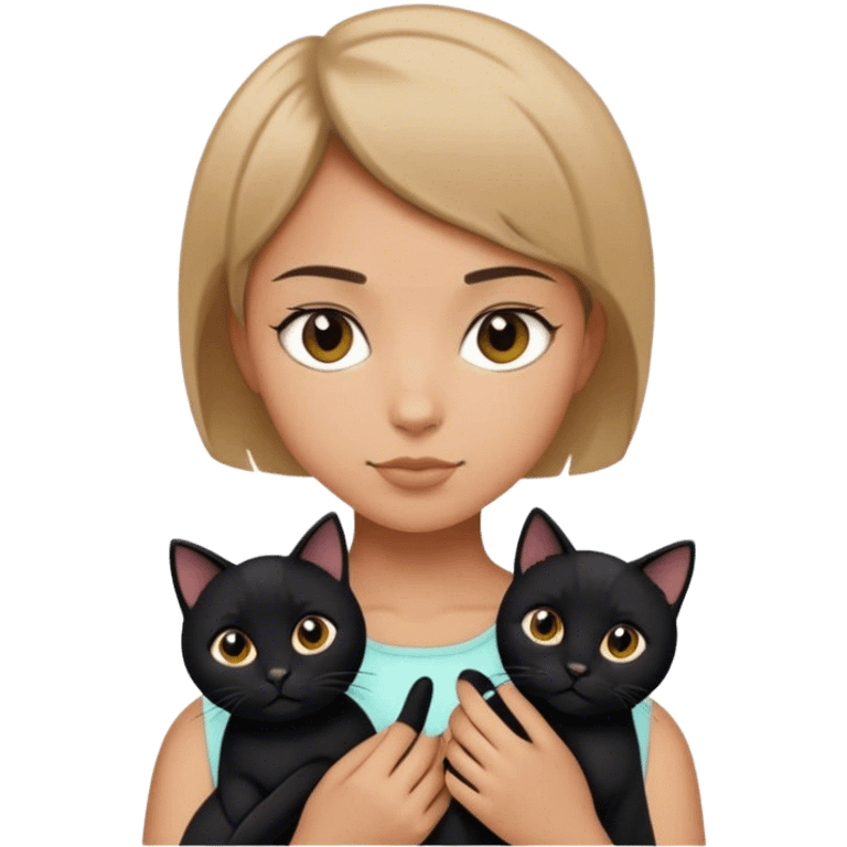 Tan girl with short hair holding two black cats emoji