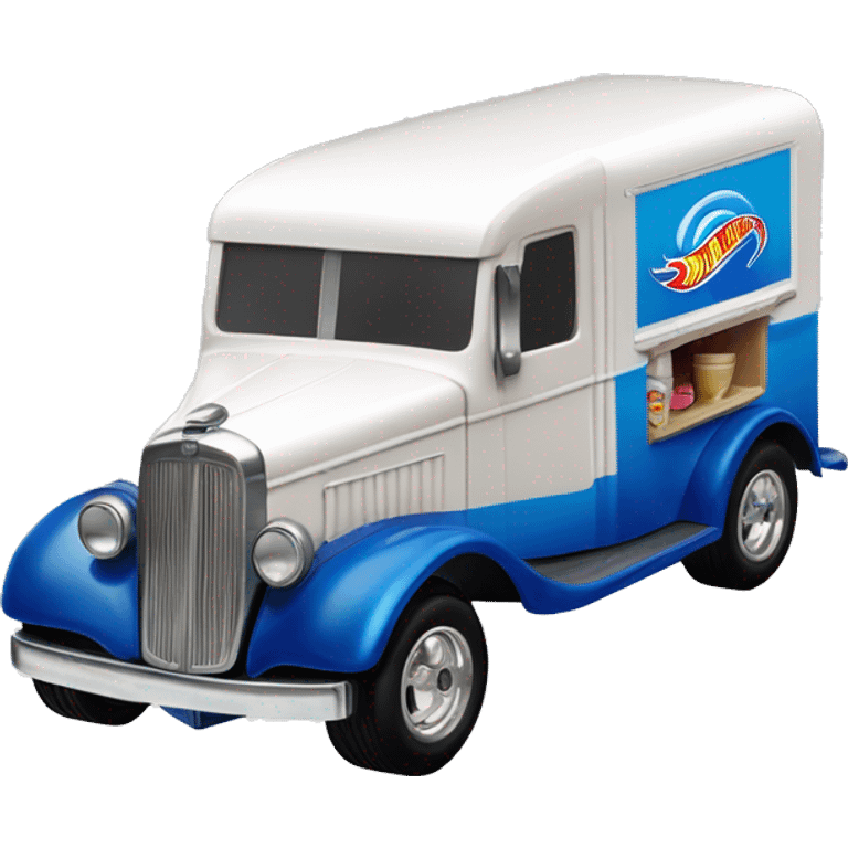 Hot wheels style, ice cream truck from 1934 with wide chrome mag wheels, blue, no ice cream on top of truck, open selling window.  emoji