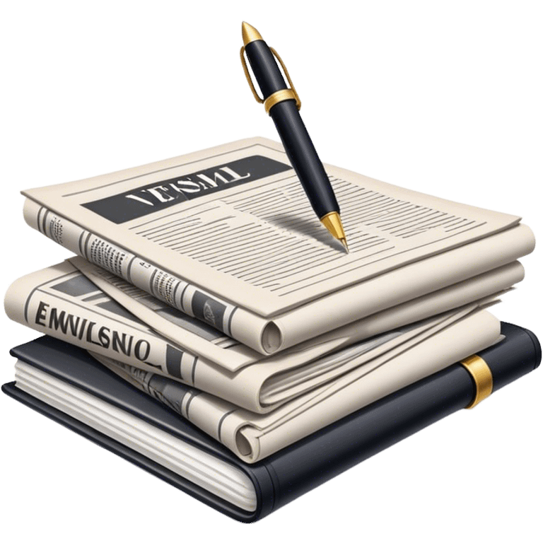 Create an emoji representing journalism and publicistic writing. The design should feature a stack of newspapers as the base, with an open working notebook placed on top of them. A single fountain pen should rest on the very top of the notebook, symbolizing the act of writing. Use neutral, professional colors like black, white, and muted tones to convey a sense of seriousness and intellect. Do not include any emojis or smiley faces. Make the background transparent. emoji