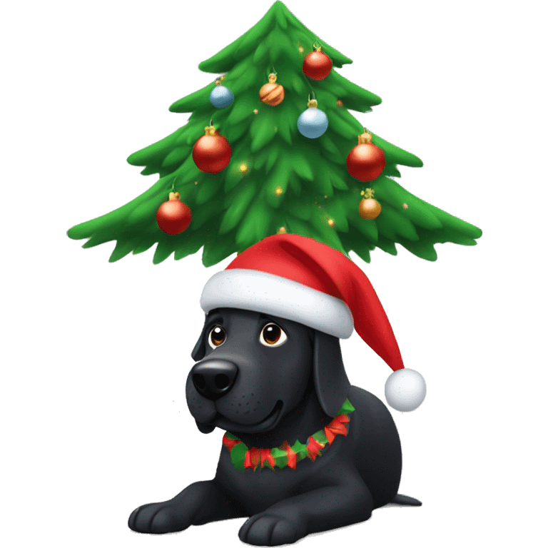 Large black dog under Christmas tree emoji