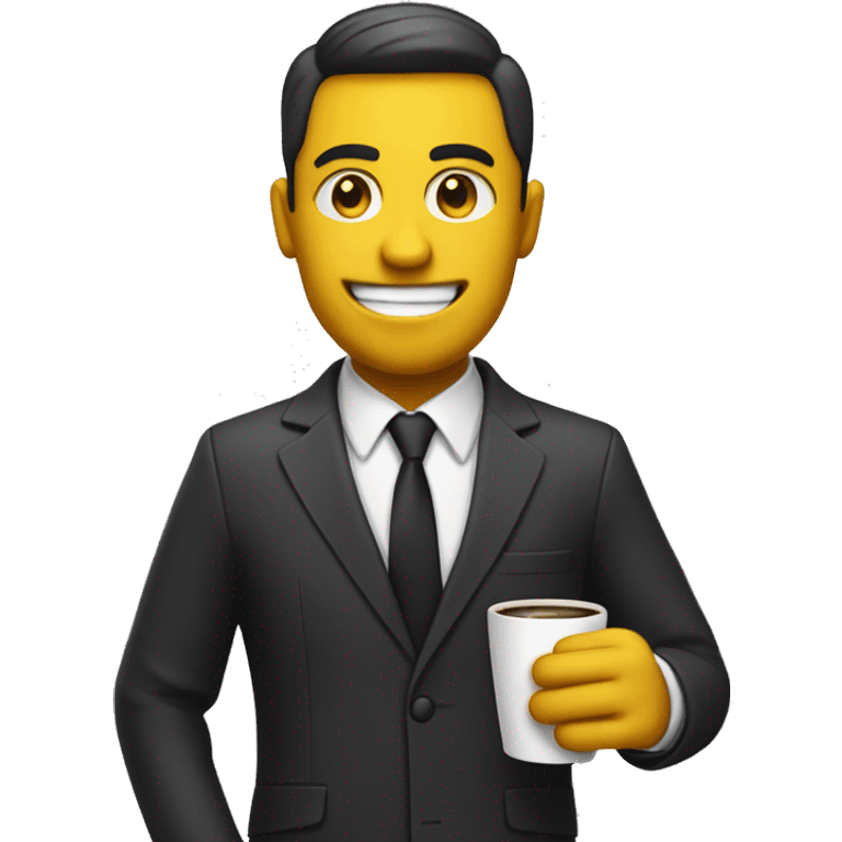 A sleek, formal emoji with a yellow face, wearing a tailored suit, holding a briefcase in one hand and a coffee mug in the other, with a subtle raised eyebrow and a confident smile. emoji