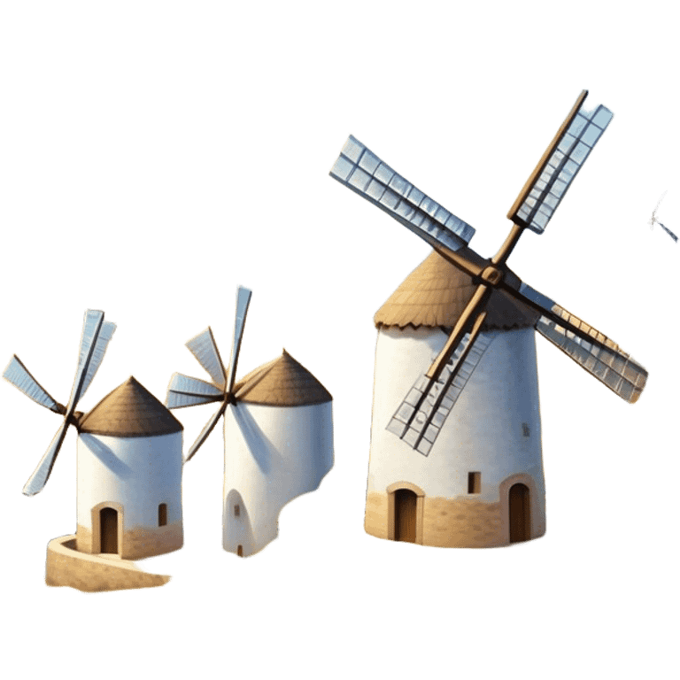 ​Cinematic Realistic Spanish Windmills (Mota del Cuervo), depicted as a cluster of gracefully aged windmills with weathered whitewashed facades and rustic wooden sails, standing proudly on a sunlit, rolling hillside of golden fields and olive groves, rendered with intricate textures and soft natural lighting that captures the timeless rural charm and historical significance of the Spanish landscape, emoji