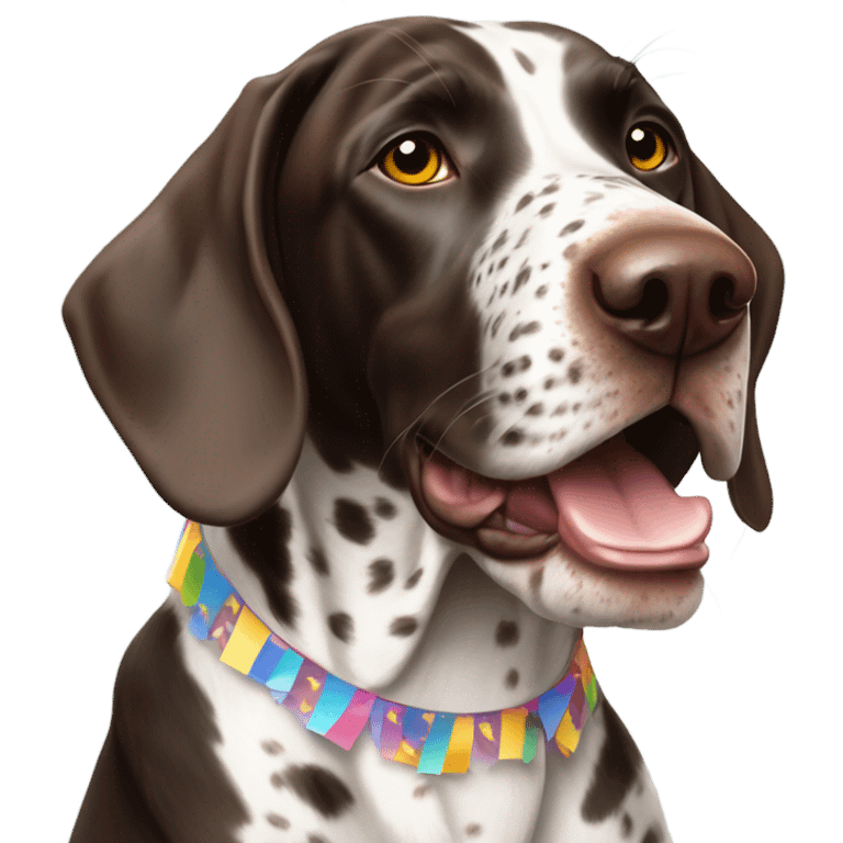 German shorthair with party horn and confetti emoji