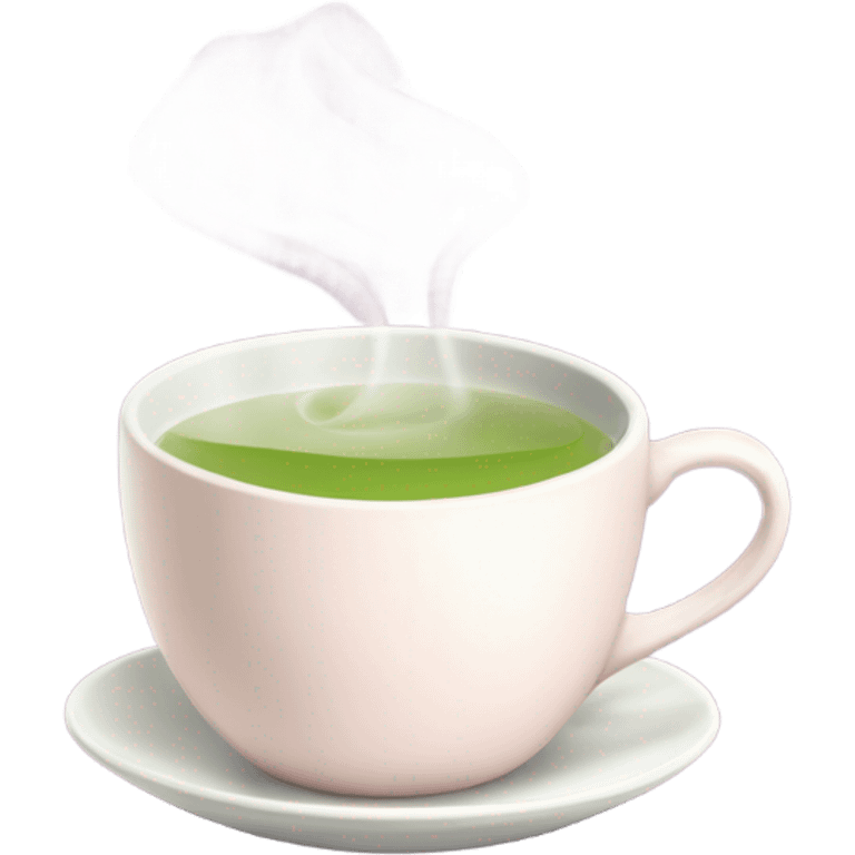 a white cup of steaming green tea with a light-pink teabag tag emoji