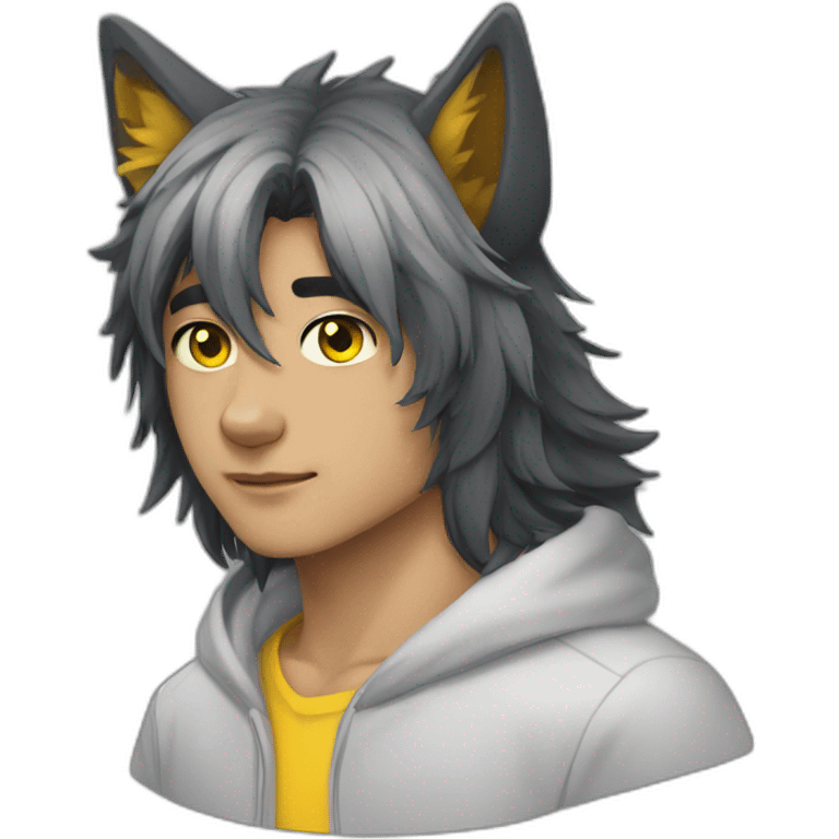 Young man long black hair wolf ears yellow eyes emoji