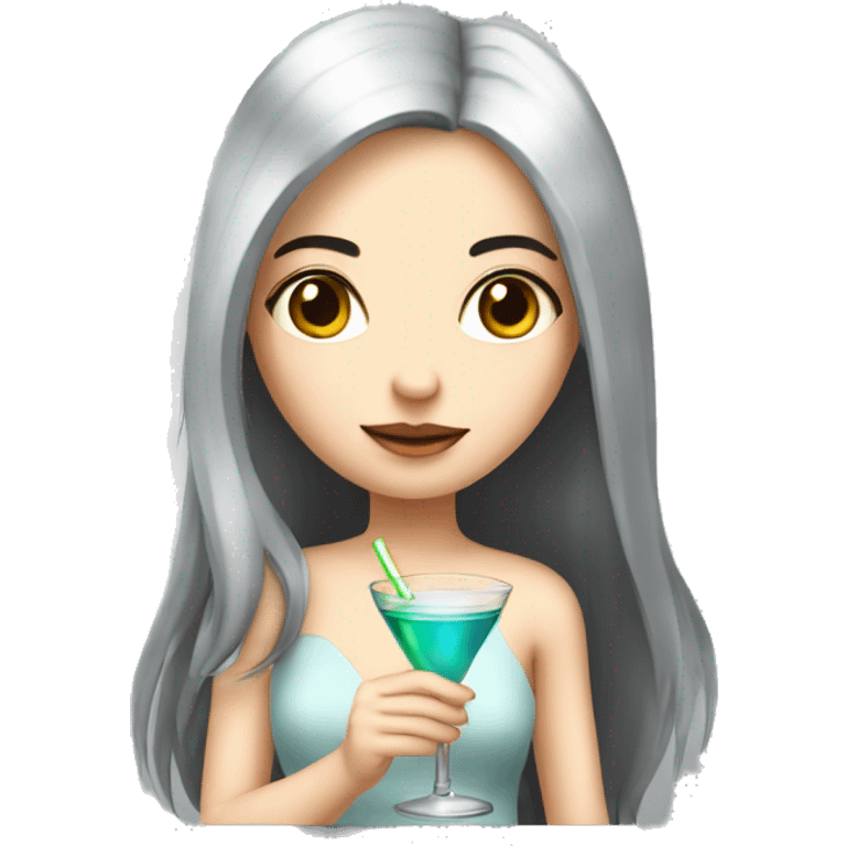 Pale girl with long black hair with chest holding cocktail emoji