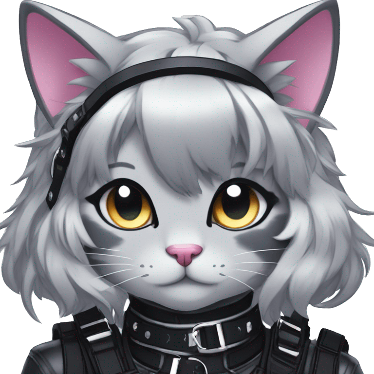 Gorgeous sparkly shiny dark techwear anime style anthro cat with blushing face aesthetic and pretty edgy black with collar and harness trending style emoji