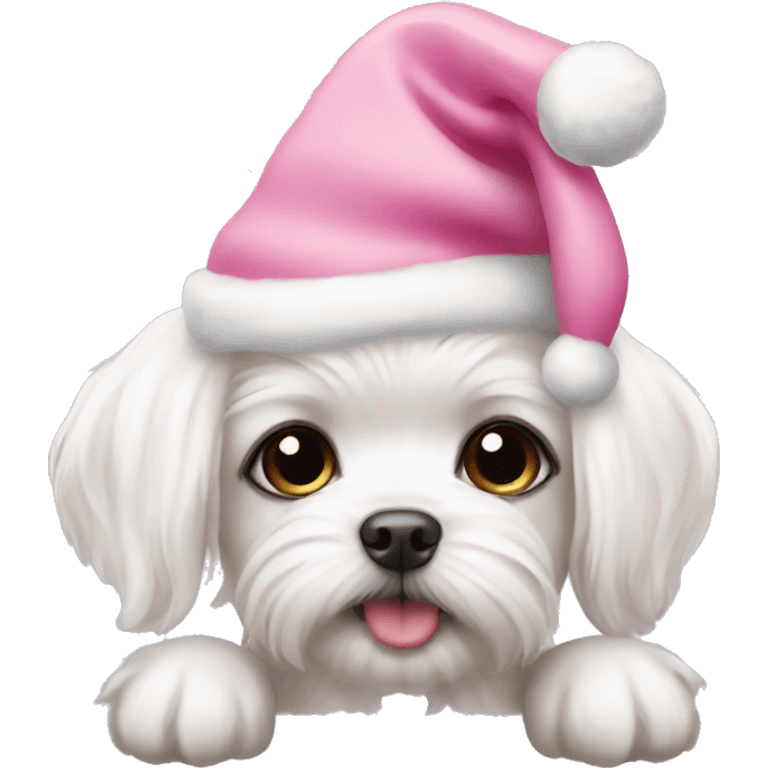 Maltese puppies wearing pink Christmas hats emoji