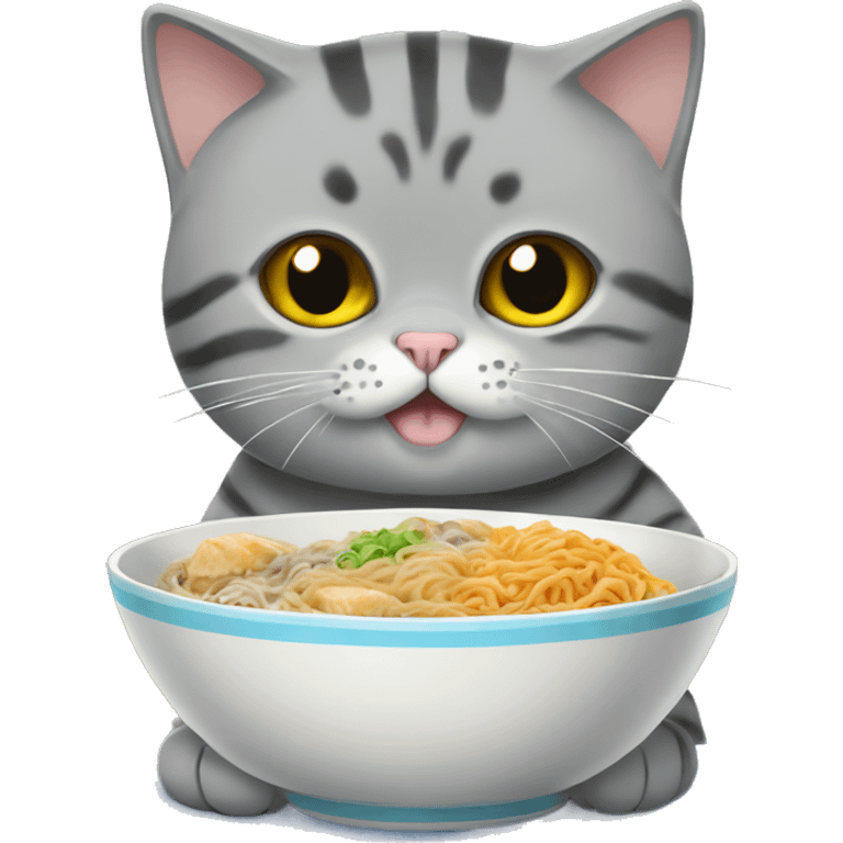 A grey tabby british shorthair cat eating a bowl of ramen emoji