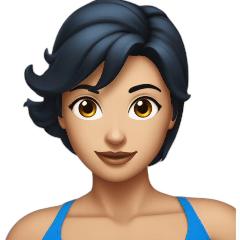 40 year old pretty woman with black hair in a blue bikini at a fitness competition  emoji