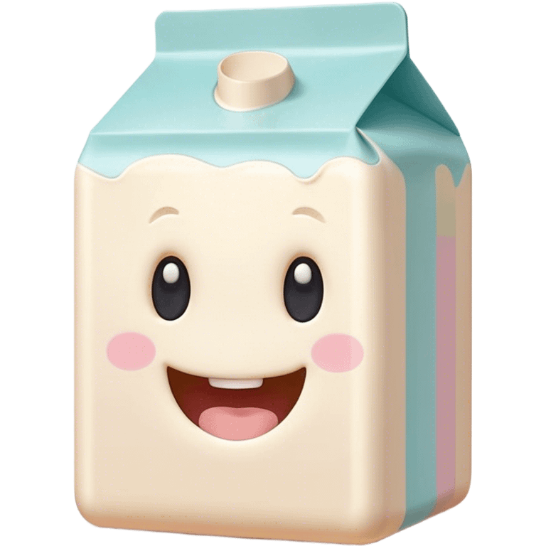 Cinematic adorable milk carton, soft pastel colors, tiny rounded edges, chubby smiling face, warm glowing highlights, gently tilting in a playful pose. emoji