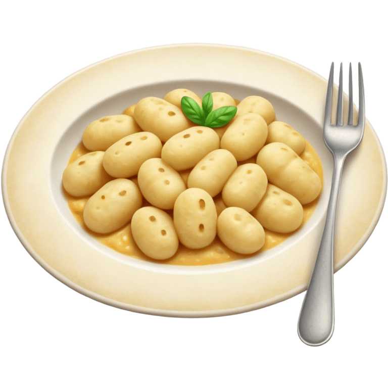 Gnocchi Cinematic Realistic Gnocchi Dish Emoji, depicted as tender oblong potato gnocchi garnished with iconic fork marks on top, rendered with soft textures and warm, inviting lighting. emoji