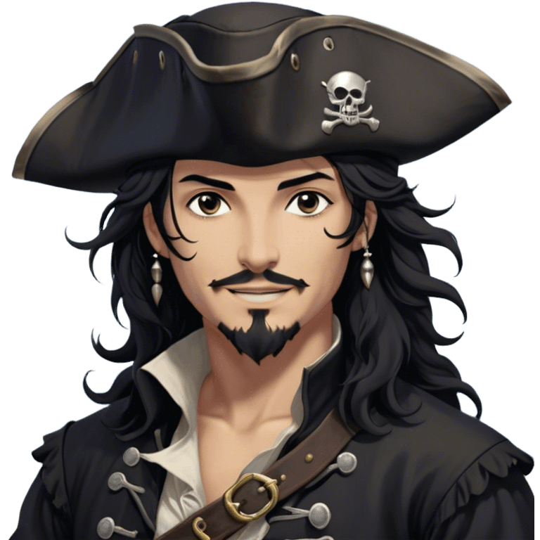 A charismatic pirate with wavy black hair that falls just past his shoulders, tousled slightly by the sea breeze. He wears a black tricorn hat with subtle silver embroidery along the edges, casting a shadow over his sharp, confident features. His piercing dark eyes glint with mischief as he gazes to the side, a knowing smile playing at his lips. His well-fitted black coat, adorned with polished silver buttons and intricate stitching, moves slightly with the wind, revealing glimpses of a deep-crimson waistcoat underneath. A silver chain dangles from his belt, catching the dim golden light of the setting sun. His posture is relaxed yet assured, exuding effortless charm as if he owns the sea itself. emoji