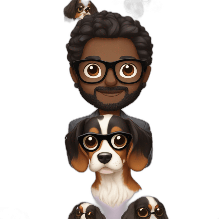 black haired gil with creme colored glasses holding a cavalier king charles spaniel  emoji