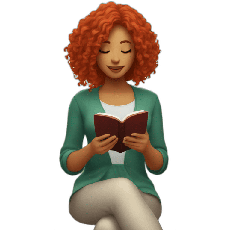 woman with long curly red hair reading a book with a glass of wine in a park emoji